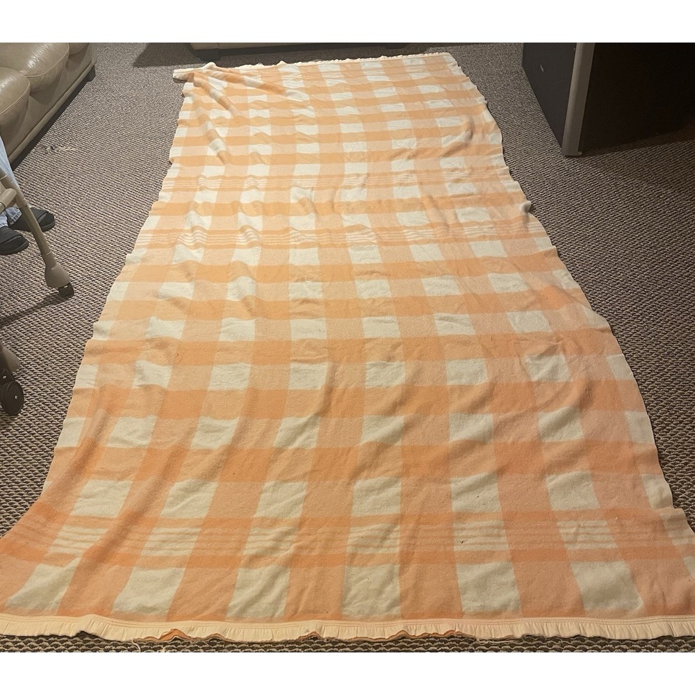 Vtg. Wool Double Length Salmon / Cream White Buffalo Plaid Blanket Cabin Camping